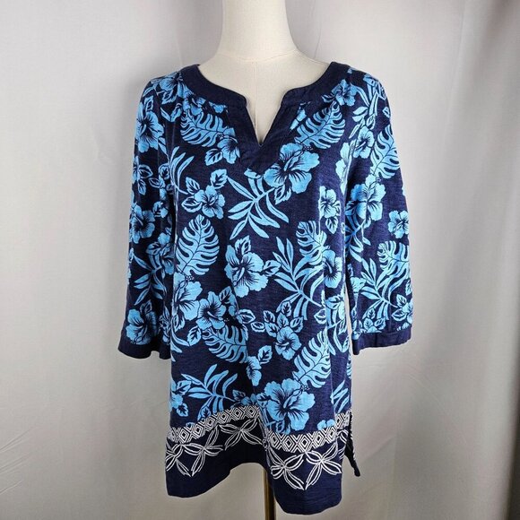 Tommy Bahama Floral Embroidered Tunic Hoani Hibiscus Navy Medium Cotton Modal - Picture 4 of 11